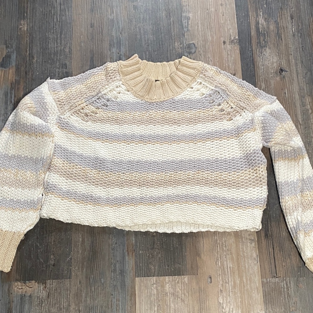 Free People Cream and Gray Women's shaker knit cropped Sweater